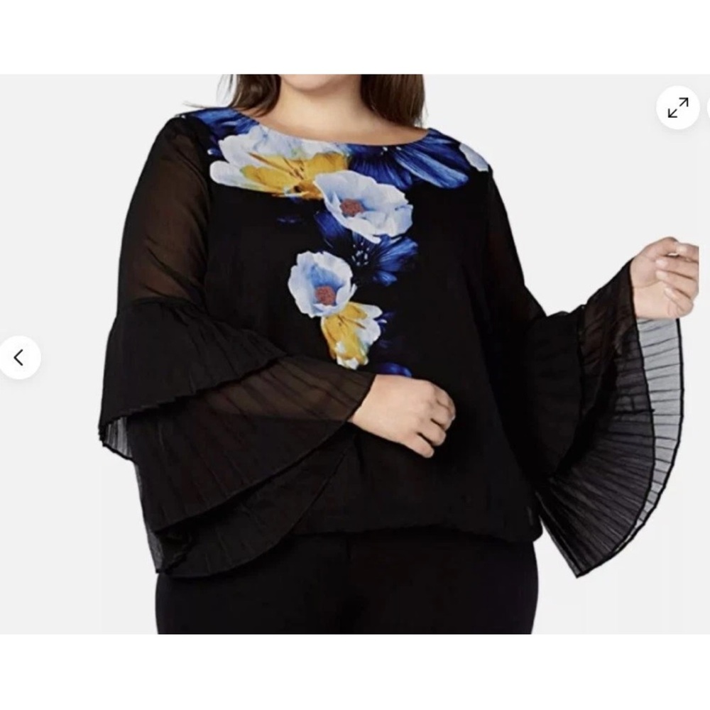 Alfani Womens Size 2X Pleat Sleeve Pullover Blouse Flare Sleeves Floral Pattern